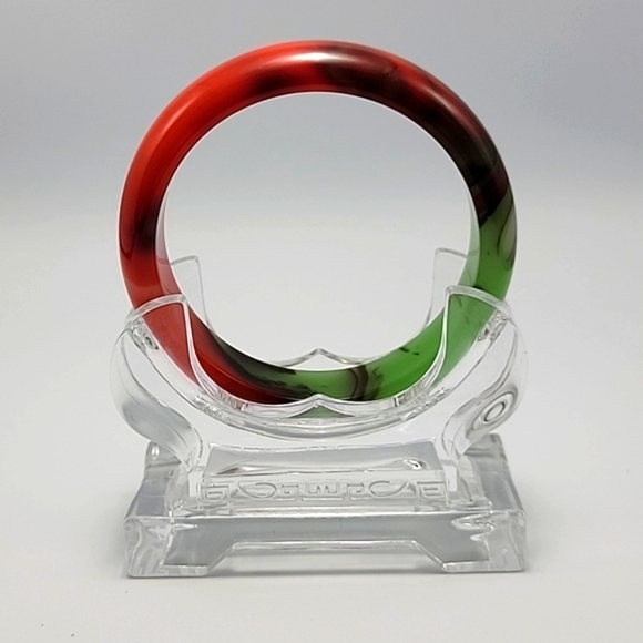 VTG Inspired Abstract Jade Bangle Chicken Blood Red & Golden Silk Glass Bracelet - Picture 3 of 11